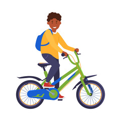 African american teen boy riding bicycle, flat vector illustration isolated.