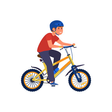 Cute happy kid boy in safety helmet riding a bicycle a flat vector illustration.