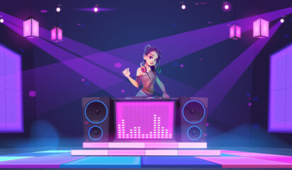 Fototapeta na wymiar Dj girl stand at turntable in night club. Young woman disc jockey in headphones, modern clothes and trendy hairstyle perform music program mixing samples for dancing, Cartoon vector illustration