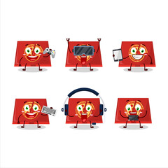 Pizza box cartoon character are playing games with various cute emoticons