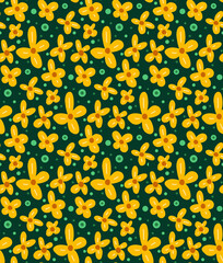 Seamless floral pattern with small yellow flowers and turquoise dots on dark green background. Natural wallpaper. Vector texture with buttercup anemone for fabrics and wrapping paper