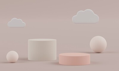 3d rendering of minimal scene of podium with clouds in theme of earth tones color. Display stand for product presentation mock up and cosmetic advertising. Cylinder stage in ornament simple design.