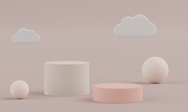 3d rendering of minimal scene of podium with clouds in theme of earth tones color. Display stand for product presentation mock up and cosmetic advertising. Cylinder stage in ornament simple design. © TANATPON