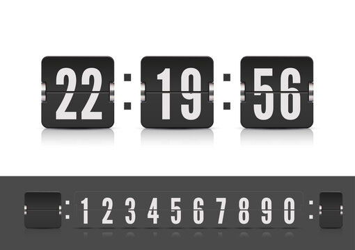 Vintage flip clock time counter vector template. Scoreboard countdown number font with reflections isolated on white background. Retro design score board clock template.