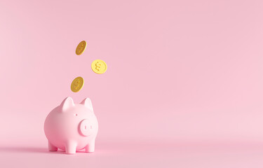 Piggy bank and Gold coin. Realistic 3d illustration. Moneybox for advertising sale. Investment income, real estate banking. Pink pig toy on pink background. 