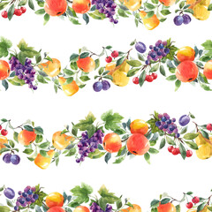 Beautiful horizontal seamless pattern with hand drawn watercolor tasty summer pear apple grape cherry plum fruits. Stock illustration.