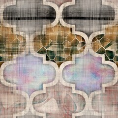 Seamless Moroccan inspired highly textured pattern for surface print. High quality illustration. Stylized chic ornate ogee or quatrefoil pattern. Luxury ornamental oriental symmetric shape repeat.