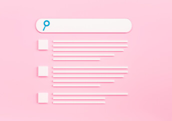 Search bar on pink background. Research information for scientific work. Internet inquiries webpage. Online shopping and product search. 3d render illustration. 