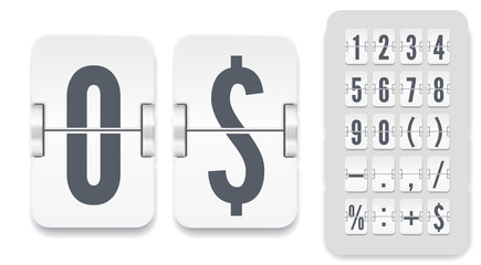 Vector Numeric template for your design. Set of flip scoreboard with shadows including numbers and symbols for white countdown timer or calendar on light background.