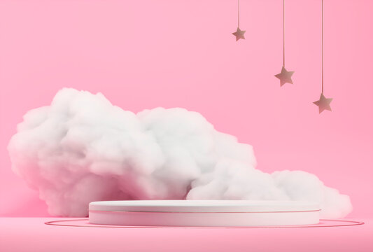 Pedestal and Delicate fluffy clouds, white soapy foam. 3d render illustration. Podium for brand promotion product. Creative pink background for advertising presentation. Stand base mockup