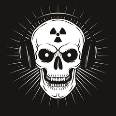 Fototapeta premium Vector grunge human skull with headphones and radiation sign