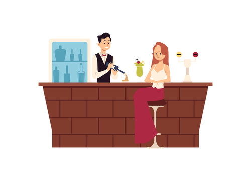 Lonely upset woman sitting at bar counter and drinking flat vector illustration.