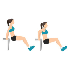 Woman doing bench tricep dips exercise flat vector illustration isolated on white background