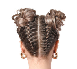 Beautiful young woman with braided hair on white background