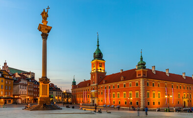 Evening panorama of Castle Square with Royal Castle and Sigismund III Waza column in Starowka Old...