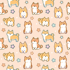 Obraz premium Seamless Pattern of Cartoon Shiba Inu Dog and Star Design on Light Orange Color Background