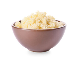 Bowl with tasty couscous on white background