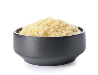 Bowl with tasty couscous on white background