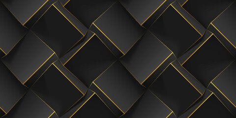 Dark abstract seamless geometric pattern. Realistic 3d cubes with thin golden lines. template for wallpapers, textile, fabric, wrapping paper, backgrounds. Texture with volume extrude effect.