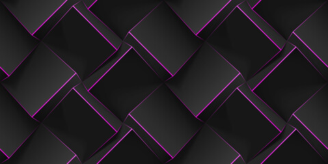 Volumetric abstract texture with black cubes with thin pink lines. Realistic geometric seamless pattern for backgrounds, wallpaper, textile, fabric and wrapping paper. realistic template.