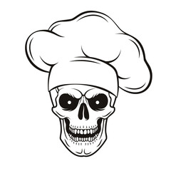Grinning skull in chef hat. Cartoon chef skull. Vector illustration
