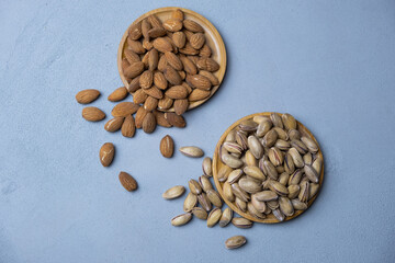 Healthy nuts, snack.Pistachio, almond top view.
