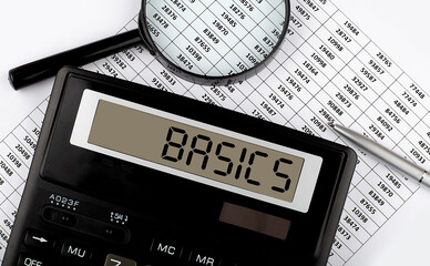 Word BASICS on the calculator. Business and tax concept.