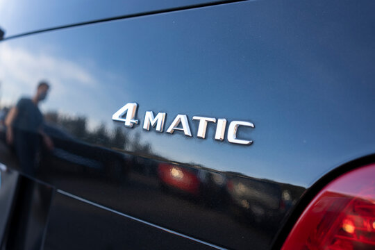 Tigard, OR, USA - Mar 13, 2021: Closeup of the 4MATIC logo seen at the back of a Mercedes-Benz SUV. 4Matic is the marketing name of an all-wheel drive system developed by Mercedes-Benz.