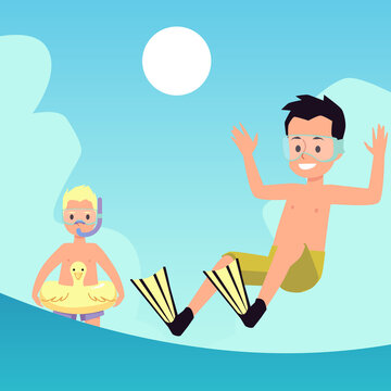 Banner with happy kids having fun on the sea beach, flat vector illustration.
