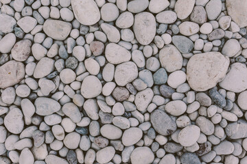 Pebble beach. Stones of different sizes. Background of gray rocks. 