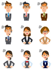 顔を紅潮させて怒る会社員の男女の上半身セット
