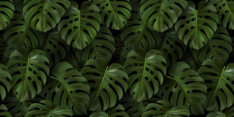 Botanical illustration with tropical green 3D leaves Monstera on dark background. Realistic seamless pattern for textile, hawaiian style, wallpaper, sites, card, fabric, web design. template. © VDNKL