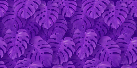 Botanical texture with violet tropical 3D monstera leaves. Seamless repeating pattern for textile, wallpaper, site background, card, web design. Exotic illustration in Hawaiian style