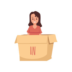 Child sits in box with written In preposition, flat vector illustration isolated.
