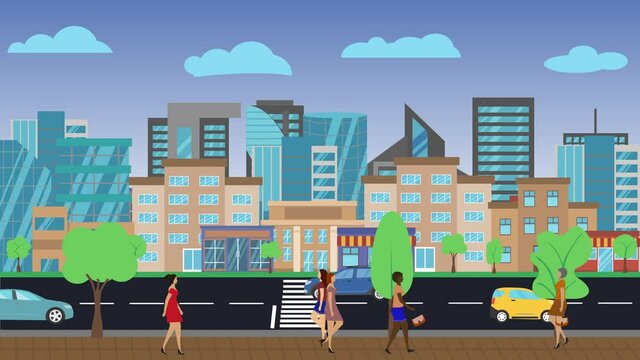 Panoramic view of city background animation, cars rides on the road around, people walking on the street, flat design