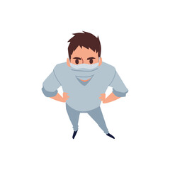 Confident man in medical mask looking up, flat vector illustration isolated.