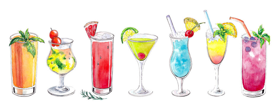 Hand drawn watercolor Set of tropical cocktails
