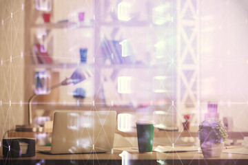 Double exposure of data theme drawing and office interior background. Concept of technology.