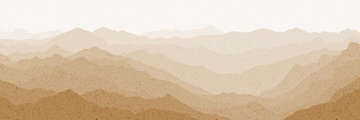 Sunrise in the mountains, panoramic view, vector illustration. Sepia shades, retro effect. - obrazy, fototapety, plakaty