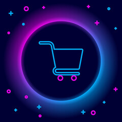 Glowing neon line Shopping cart icon isolated on black background. Online buying concept. Delivery service sign. Supermarket basket symbol. Colorful outline concept. Vector