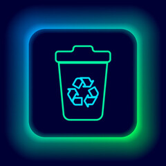 Glowing neon line Recycle bin with recycle symbol icon isolated on black background. Trash can icon. Garbage bin sign. Recycle basket sign. Colorful outline concept. Vector