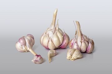 Several heads and cloves of garlic on a light background