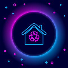 Glowing neon line Eco House with recycling symbol icon isolated on black background. Ecology home with recycle arrows. Colorful outline concept. Vector