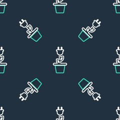 Line Electric saving plug in pot icon isolated seamless pattern on black background. Save energy electricity icon. Environmental protection icon. Bio energy. Vector