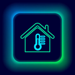 Glowing neon line House temperature icon isolated on black background. Thermometer icon. Colorful outline concept. Vector
