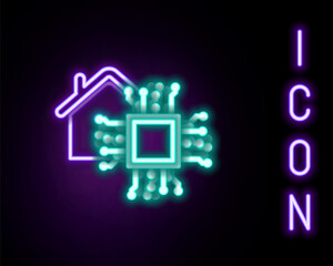 Glowing neon line Smart home icon isolated on black background. Remote control. Colorful outline concept. Vector