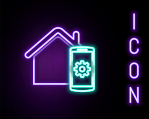Glowing neon line Smart home - remote control system icon isolated on black background. Colorful outline concept. Vector