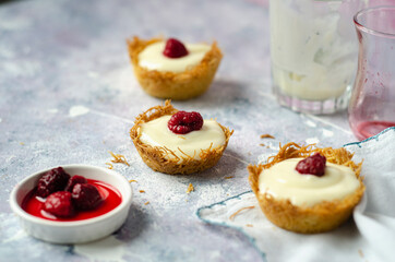 Raspberry with pudding on a bed of kadayif