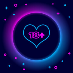 Glowing neon line 18 plus content heart icon isolated on black background. Adults content only icon. Colorful outline concept. Vector