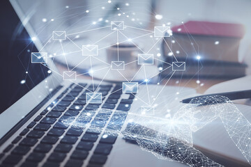 Double exposure of envelope drawing and desktop with coffee and items on table background. Concept of people connection.